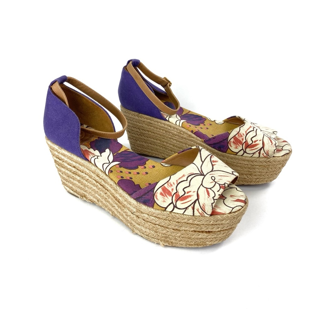 TORY BURCH Sherri Mid Wedge Espadrille Canvas Platform Purple Tan Floral 11